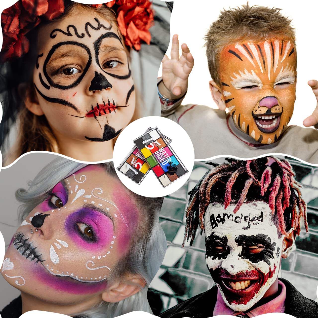 Face Paint Kit, Painting Palette with Brushes Body Paint Face Makeup Safe and Easy to Clean for Halloween Carnivals Cosplay Party Stage Performances (15 Colors+12 Brushes+6 Stickers)