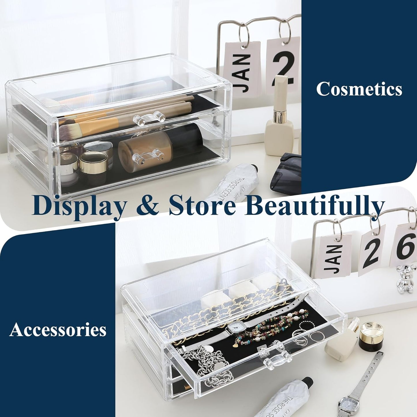 Sea Team Clear Makeup Organizer with Drawers, Acrylic Plastic Cosmetic Display Case, Jewelry Storage Box, Holder for Dresser, Bathroom, Vanity, Countertop (1 Large, 2 Small Drawers)