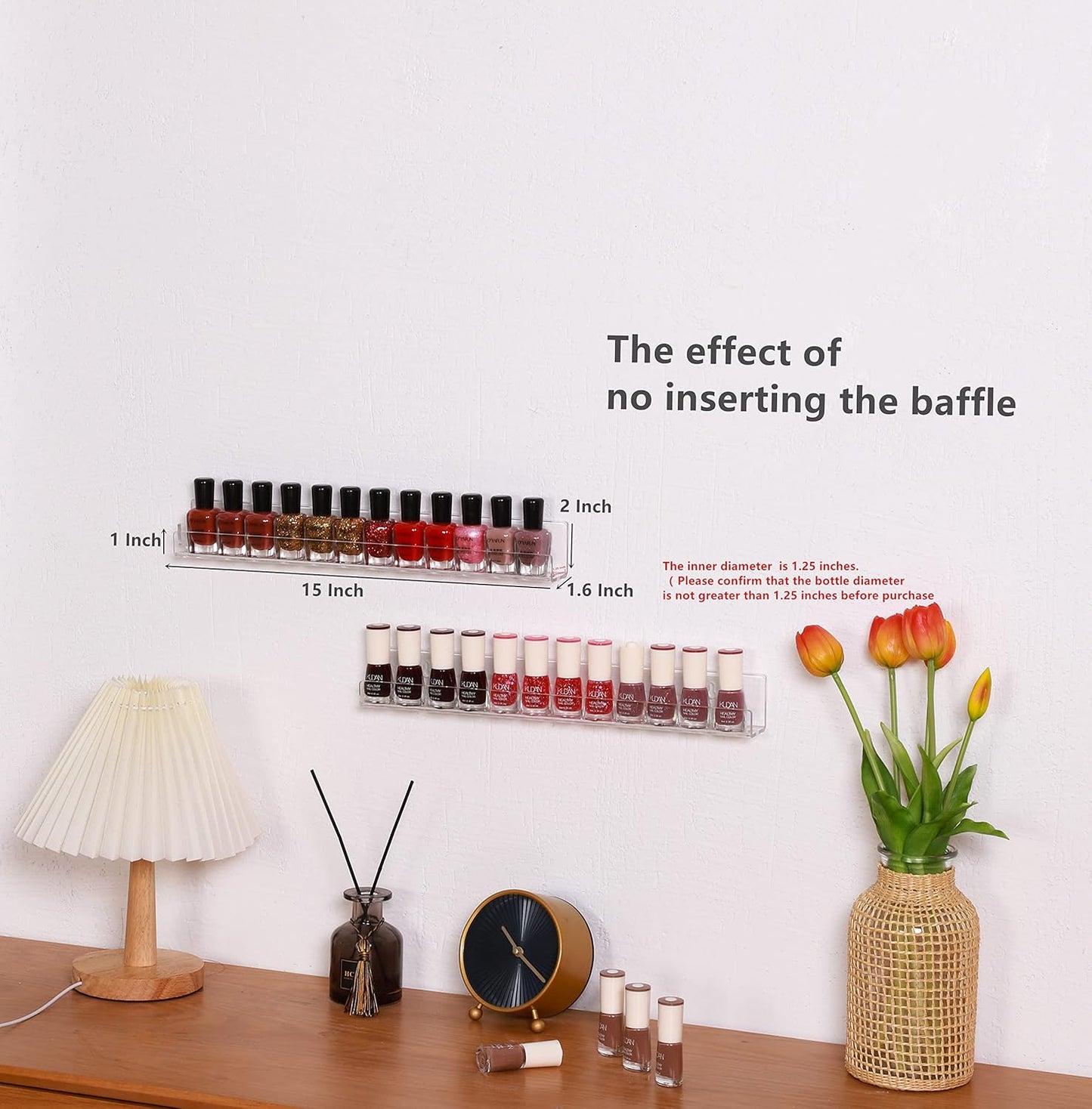 LikeU Nail Polish Rack Wall Mounted Shelf 4 Pack, Clear Acrylic Holder Organizer With Removable Anti-slip End Inserts, 4 Tiers Floating Display for 60 Bottles