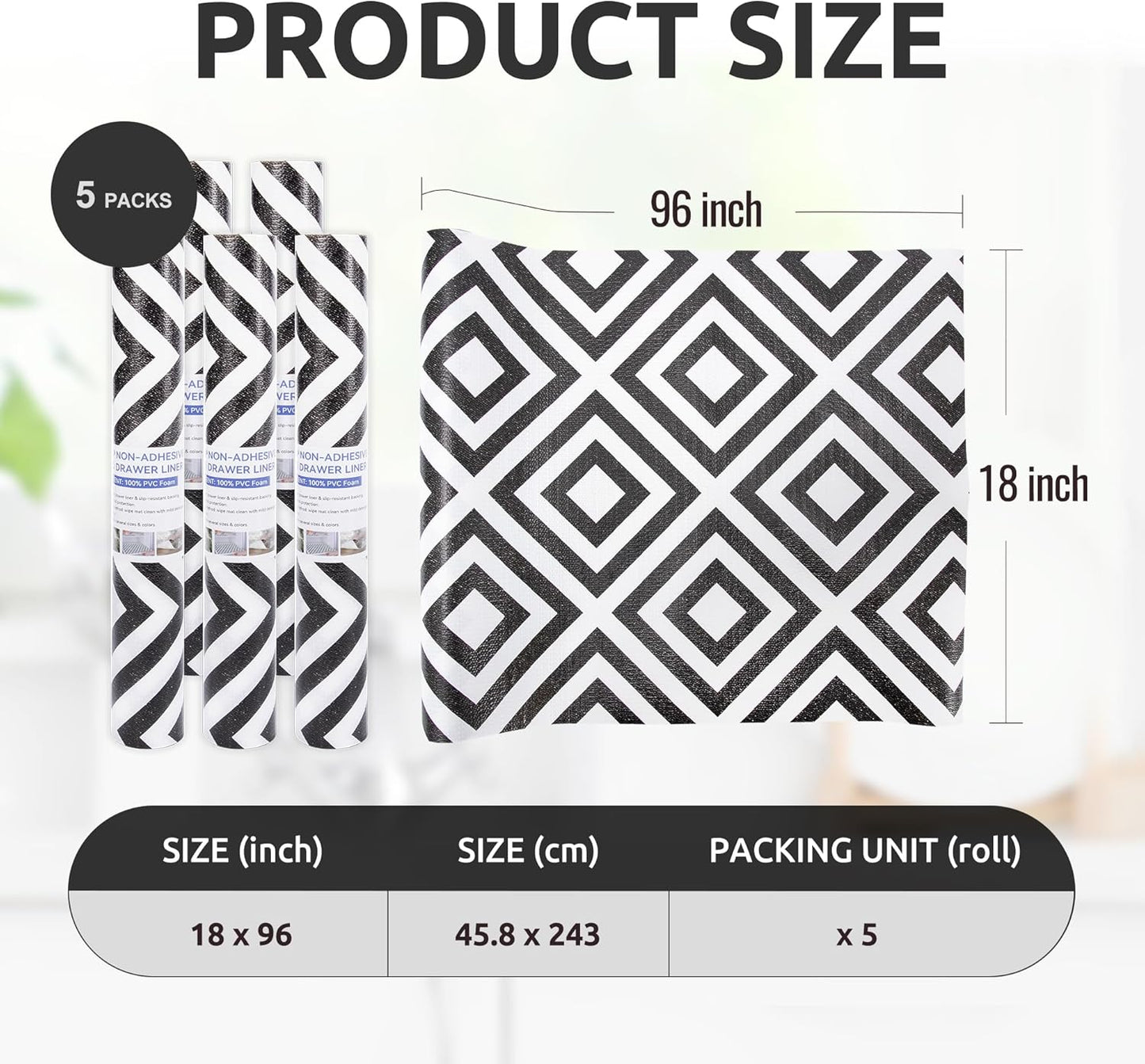 RAY STAR 18X96 Inch Shelf Liner for Kitchen Cabinets, Non-Adhesive Cabinet Liner Washable, PVC Drawer Liner for Dresser Non-Slip Bathroom (Modern Black)(5 Roll)