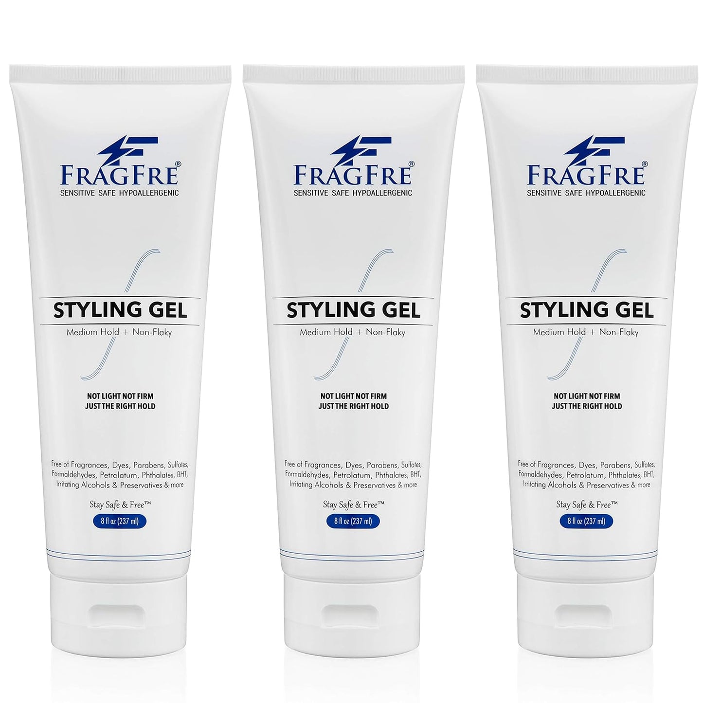 Hair Styling Gel 8 oz (3-Pack Gift Set) Medium Hold - Fragrance Free Hypoallergenic - Irritation Free Styling Gel for Sensitive Skin - for Men Women Children - Gluten Free Vegan Cruelty Free