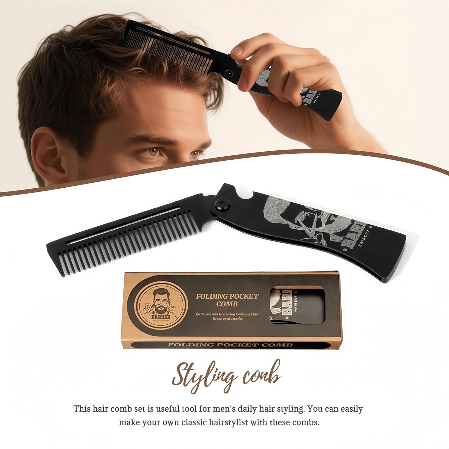 Men's Metal Folding Pocket Beard & Mustache Comb, EDC Knife Comb with Bottle Opener for Outdool Travel - Anti-Static for Hair Styling Pompadour, Slicked-back, Fauxhawk, Undercut - Black