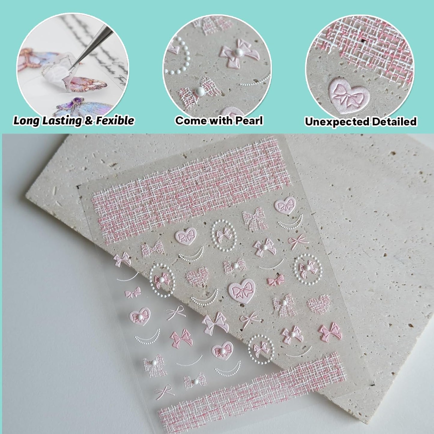 Pink Bow Nail Art Stickers, Embossed Elegant Cute Design, Pearl, Nail Accessories & Supplies, Durable & Long-Lasting