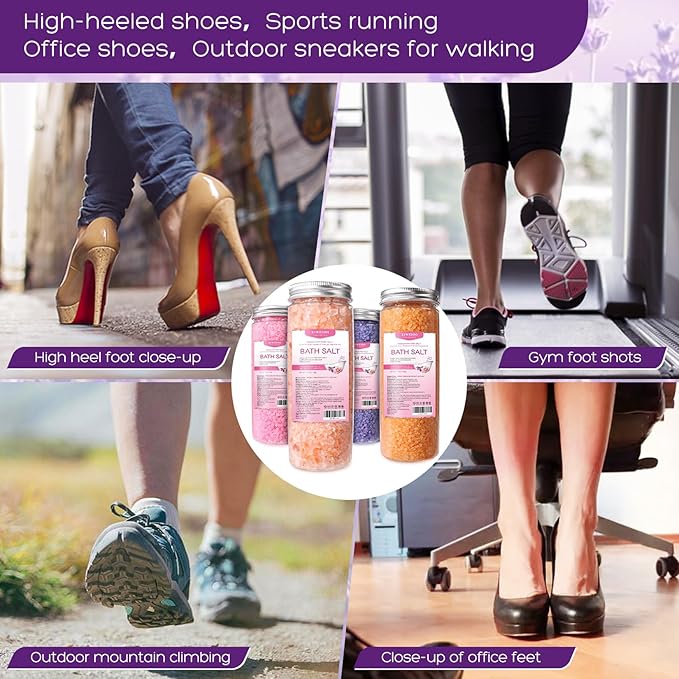 Foot Soak Salts 4 Pack Kit 56 OZ Himalayan Pink Salt Lavender Orange Rose Scent Athletes Itching,Tea Tree Oil Foot Care Pedicure for Women Dead Sea Salt Moisturizing Skin Softens Calluses