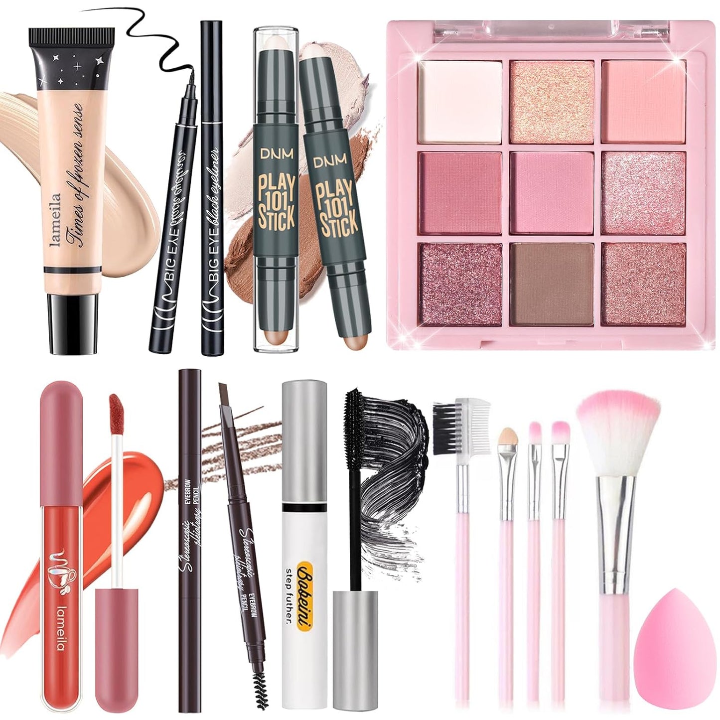Makeup Set Kit for Women Girls Teens, Makeup Present Set, Includes 9 Color Eyeshadow, Counter Stick, Foundation, Eyebrow Pencil, Eyeliner, Mascara, Lip Gloss, 5Pcs Brushes, Sponge