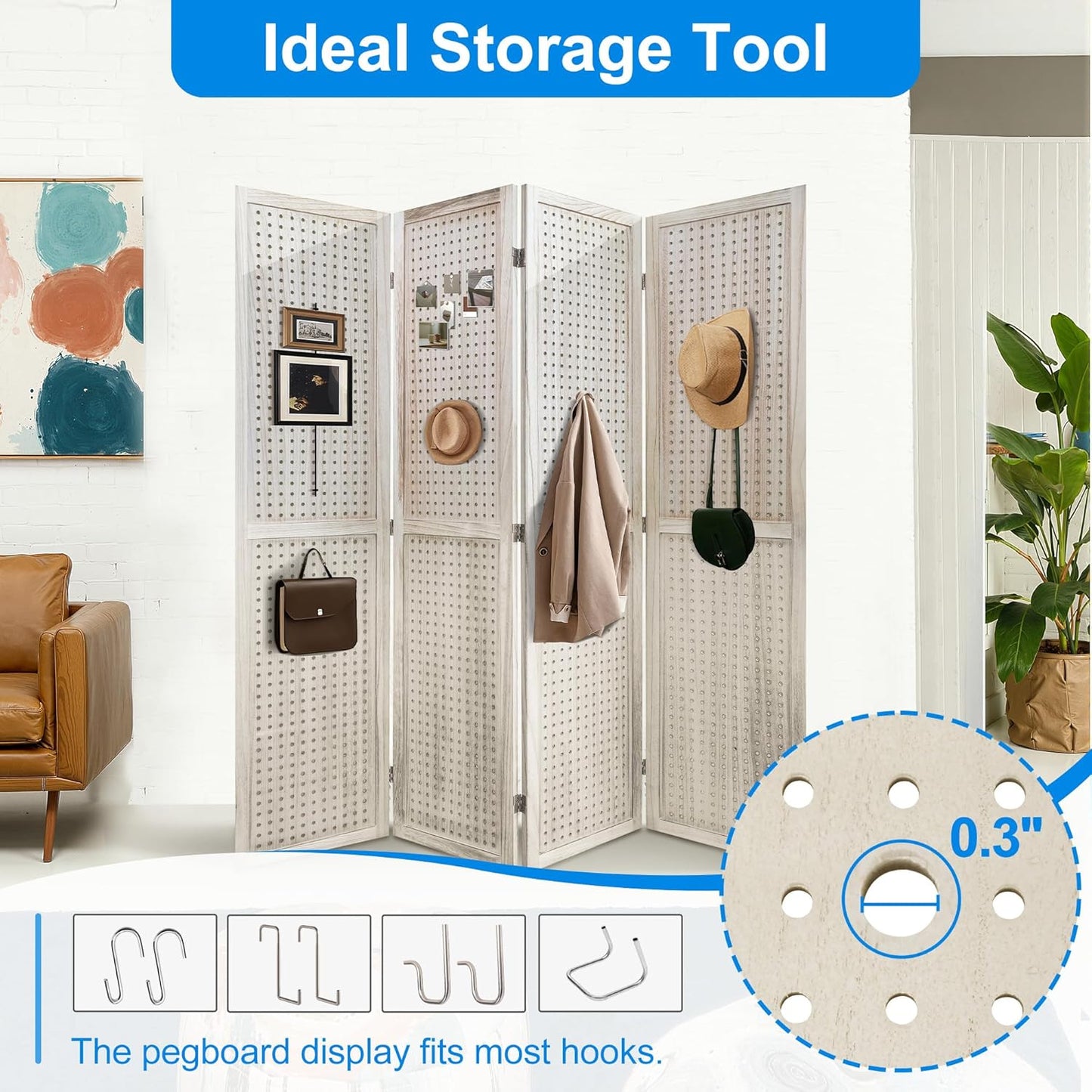 4 Panel Room Divider with Pegboard Display 5.6FT Wood PegBoard Room Dividers, Folding Privacy Screens Portable Freestanding Partition Wall Divider for Art Shows & Room Separation, Natural Wood