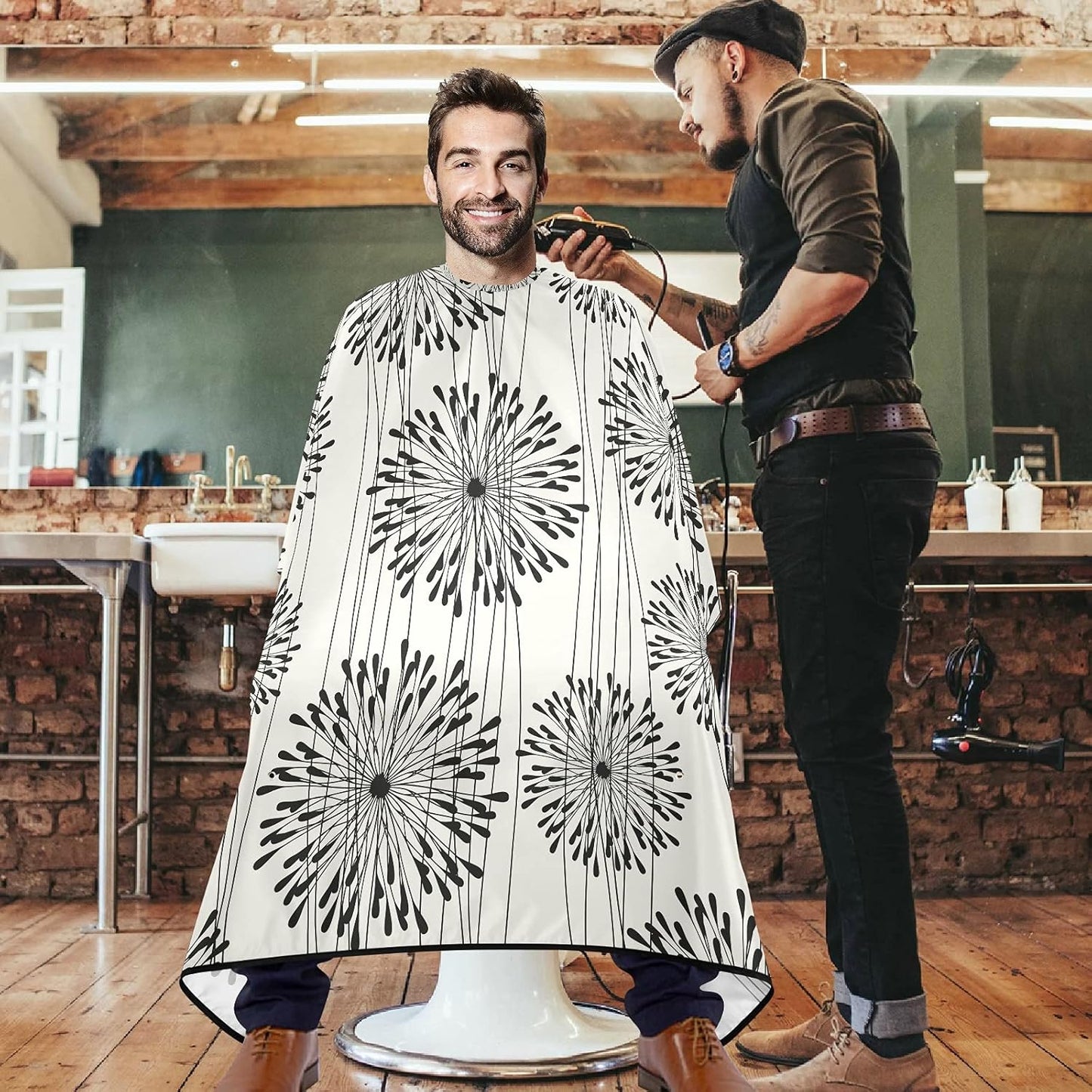 visesunny Barber Cape Black Round Pattern Polyester Hair Cutting Salon Cape Apron Anti-Static Haircut Water-Resistant Shaving Cloth Beard Shaving Bib Hairdressing Cape