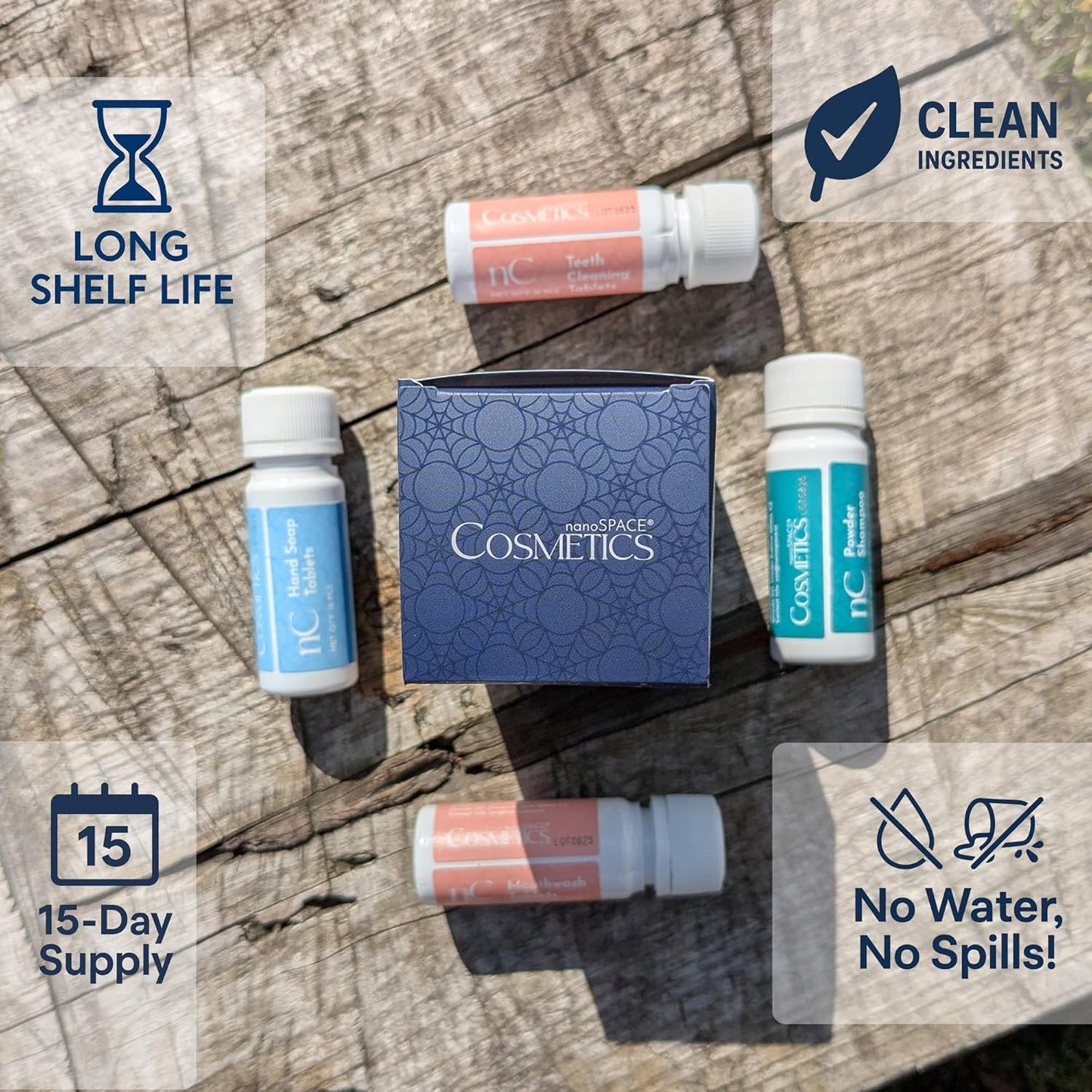 nanoSPACE Waterless Travel Toiletry Set, Clean Ingredients TSA Compliant, Includes Powder Shampoo, Toothpaste Tablets, Mouthwash Tablets, Soap Tablets