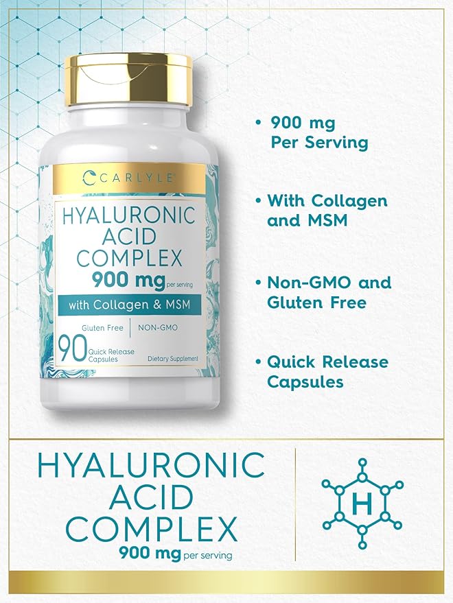 Carlyle Hyaluronic Acid Complex 900 mg | with Collagen and MSM | 90 Capsules | Non-GMO, Gluten Free Supplement