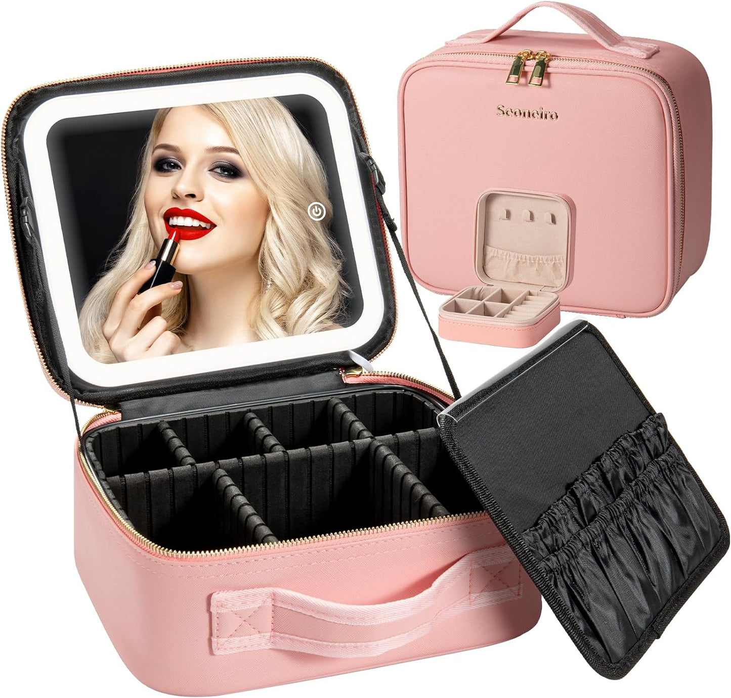 Seoneiro Makeup Travel Bag with LED Lighted Mirror Adjustable Brightness Portable Waterproof Makeup Case with Adjustable Dividers, Make up Train Case Organizer Makeup Brush Accessories and Tool Case