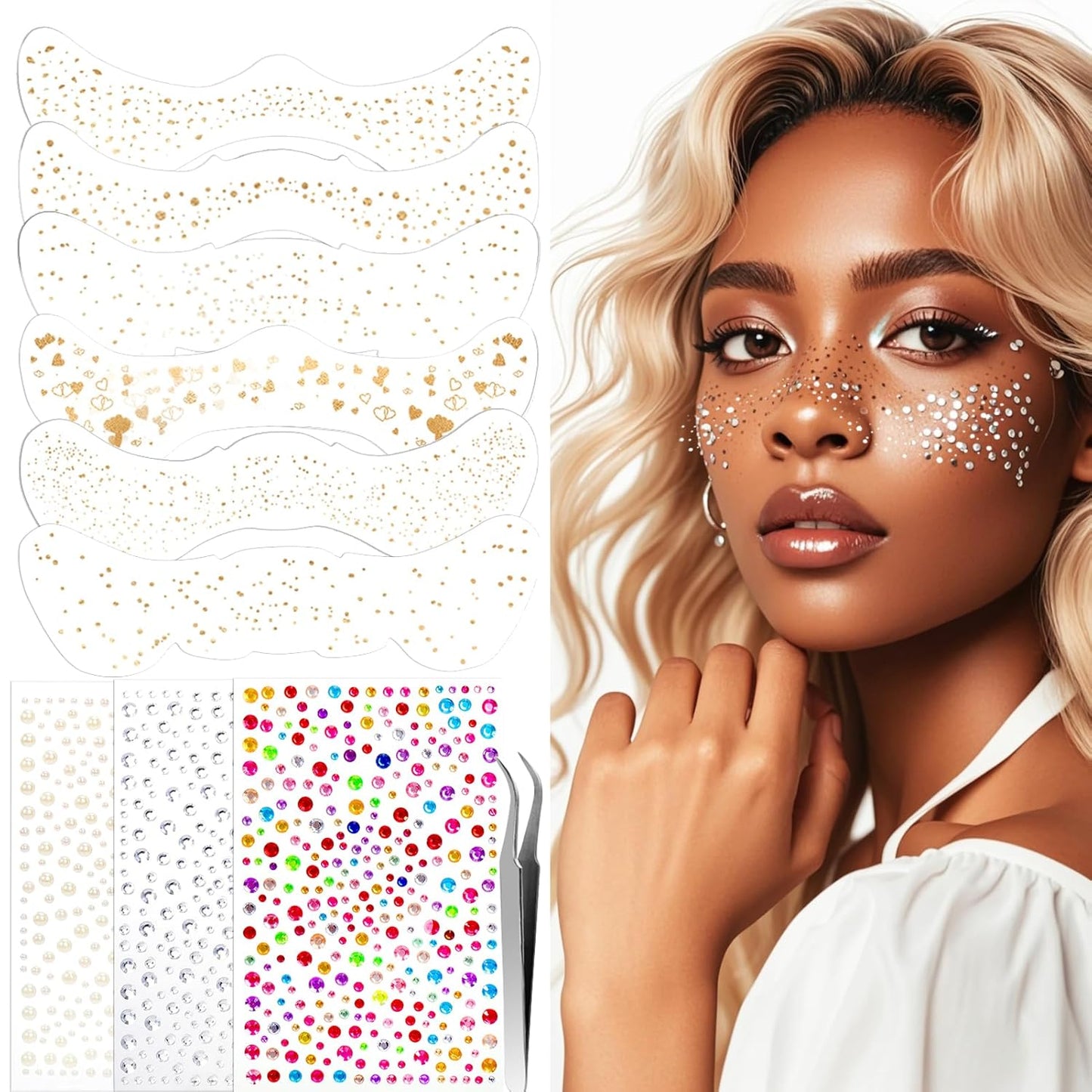 XANGNIER Glitter Freckles Face Tattoo,9 Sheets Face Glitter Makeup Sparkles Stickers for Women,Gold Silver Jewels Gems Half Magic Stickers for Fairy Accessories,Rave Festival Trinkets Accessories