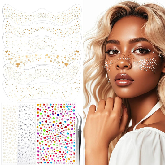 XANGNIER Glitter Freckles Face Tattoo,9 Sheets Face Glitter Makeup Sparkles Stickers for Women,Gold Silver Jewels Gems Half Magic Stickers for Fairy Accessories,Rave Festival Trinkets Accessories