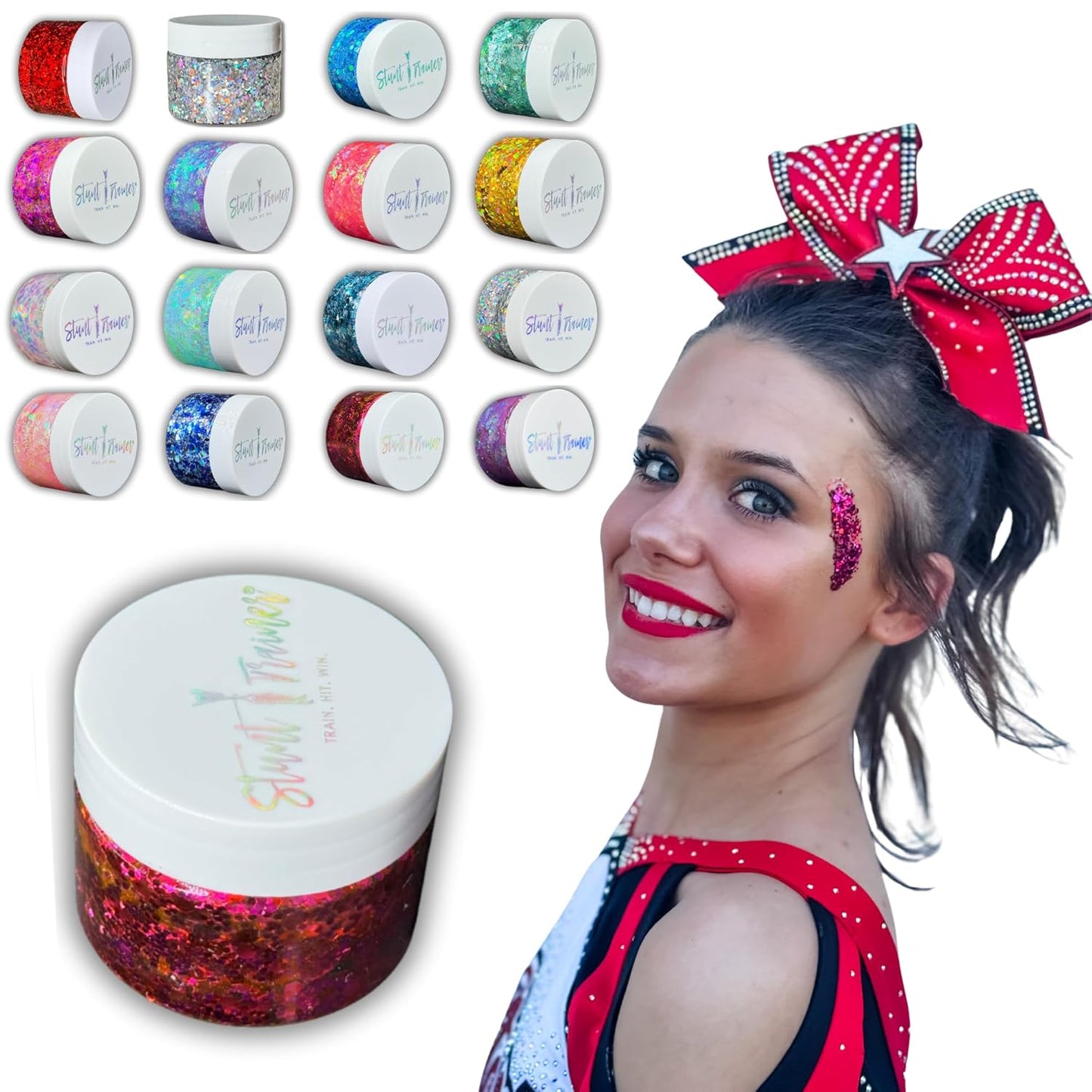 Stunt Trainer Cheer Glitter Face Body Makeup Peel Off Gel Chunky Holographic 15 Colors 1.6oz Vegan Cruelty Free Nontoxic Cheerleader Cheerleading Makeup