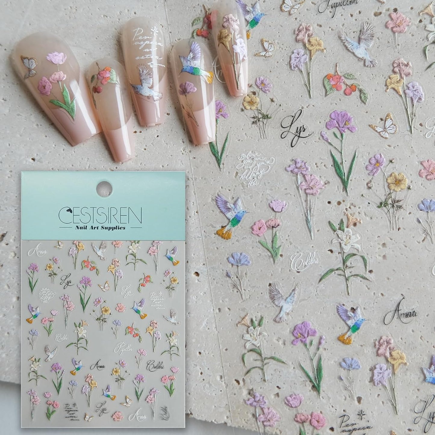 Hummingbird Flower Nail Stickers, Irises Decals, Floral Art Design, Self-Adhesive Accessories for Women, Aesthetic Supplies