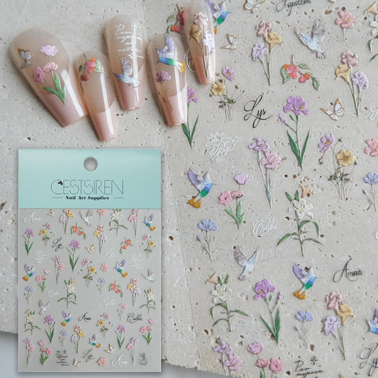 Hummingbird Flower Nail Stickers, Irises Decals, Floral Art Design, Self-Adhesive Accessories for Women, Aesthetic Supplies