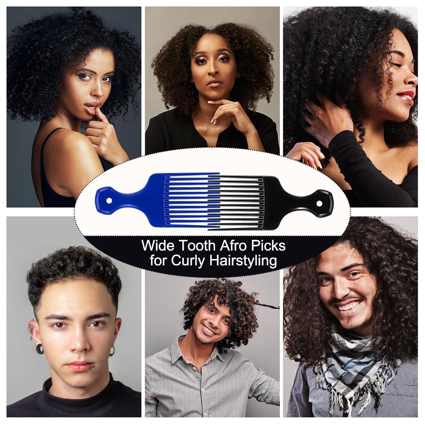 2 Pcs Hair Pick Comb Wide Tooth Lift for Hair Styling Detangling Plastic Afro Comb for Women Men (Black, Blue)