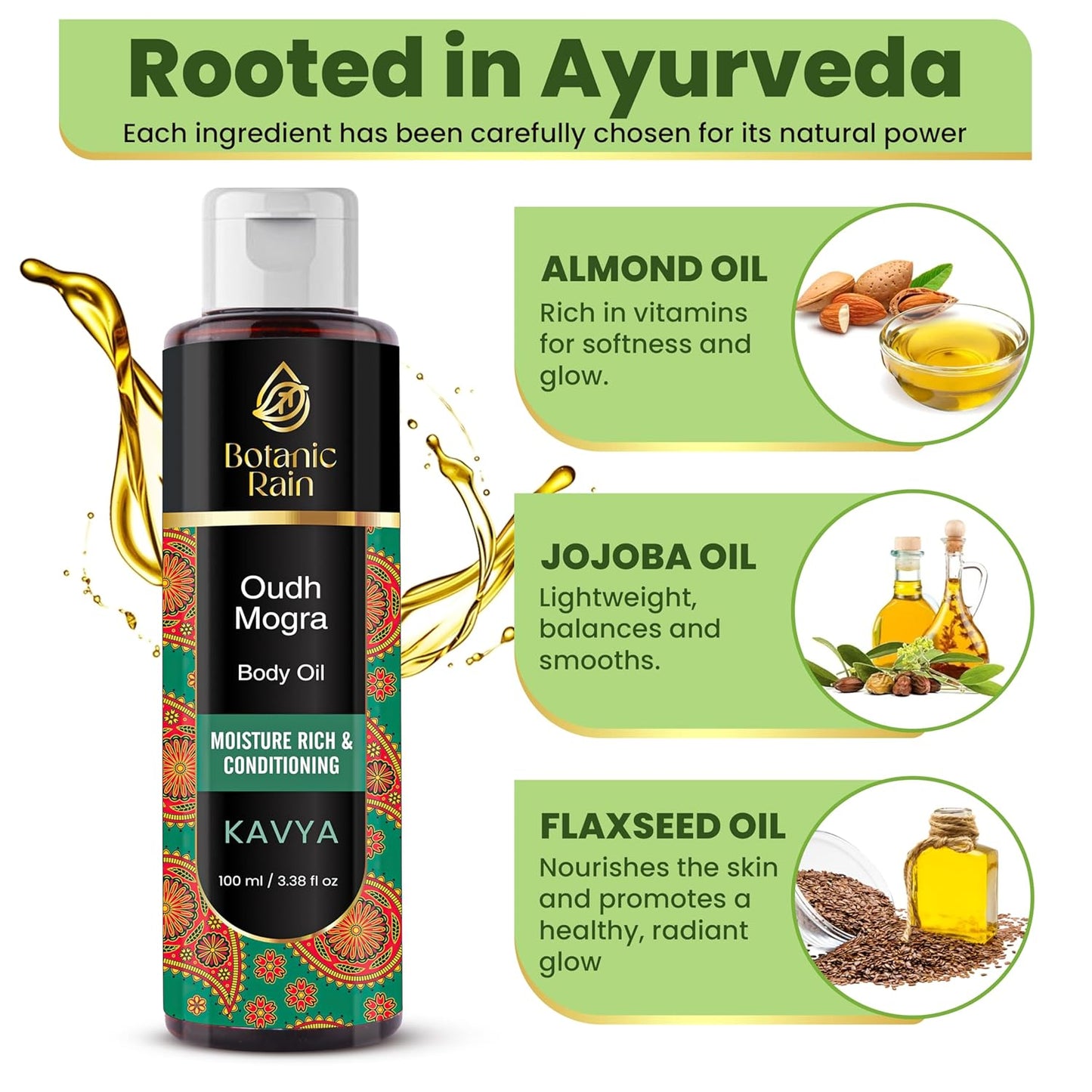 Ayurveda Body Oil with Oudh & Mogra – Organic, Nourishing & Hydrating for Dry, Flaky Skin – Fast Absorbing, Non-Greasy, Ayurvedic for Men & Women – 3.38 fl oz (Pack of 1)