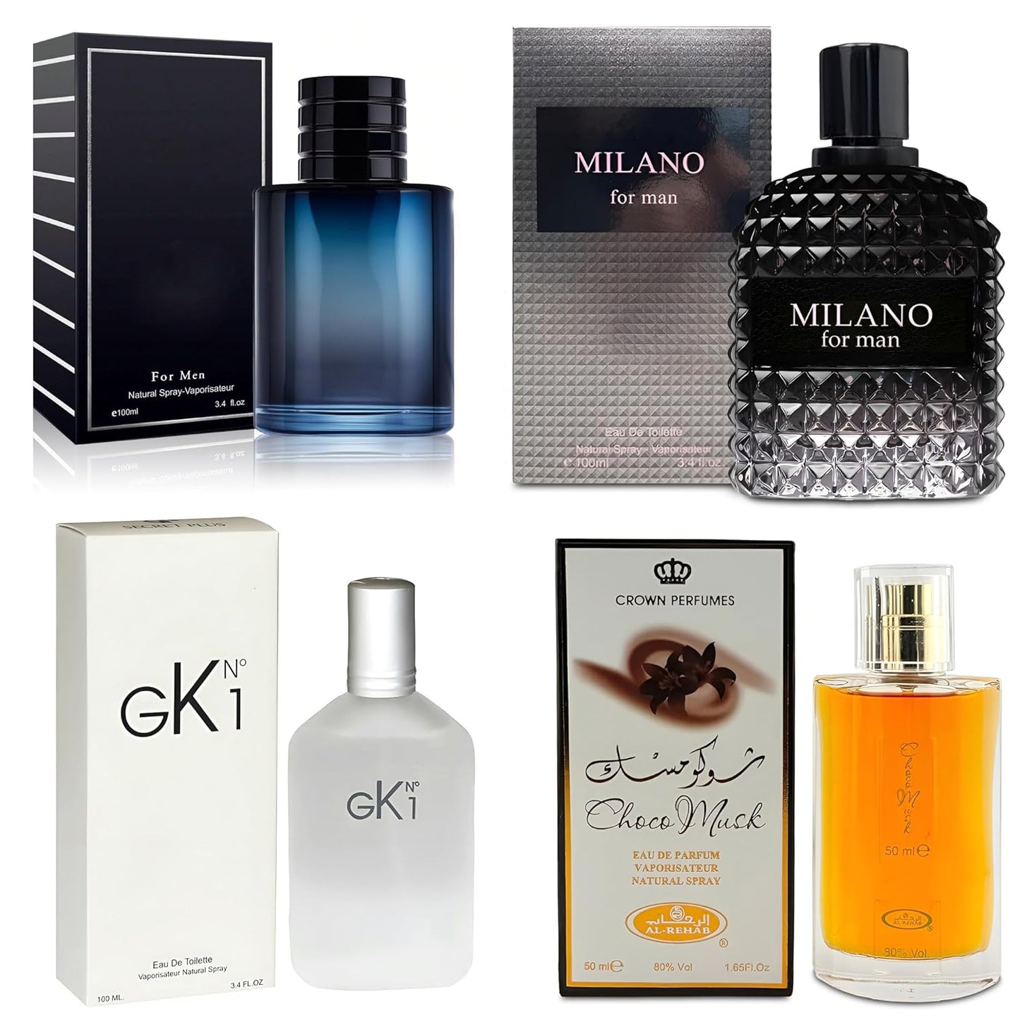 4-Piece Cologne for Men Includes Choco Musk/SE/GK N1/Milano Scent of Woody, Spicy, Citrus & Aromatic eau de parfum Men Gift Set Each 100Ml for Daily Use