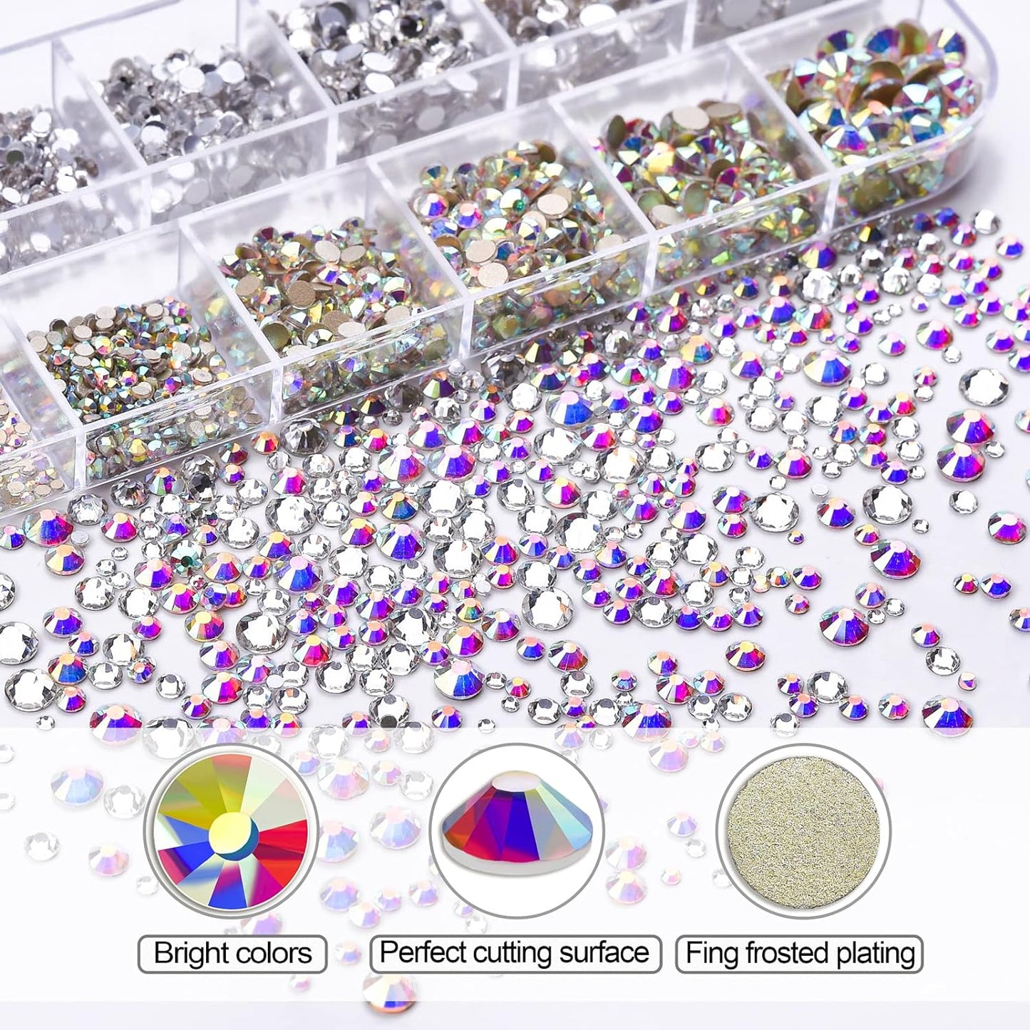 Nail Art Rhinestones Kit HUETFAT 2400pcs Nail Gems Ab Flatback Rhinestones Gems Stones, with Storage Organizer Box/Wax Pencil/Tweezers 6 Sizes (1.5-4.5 mm) for Nail Art Craft (2400pcs)