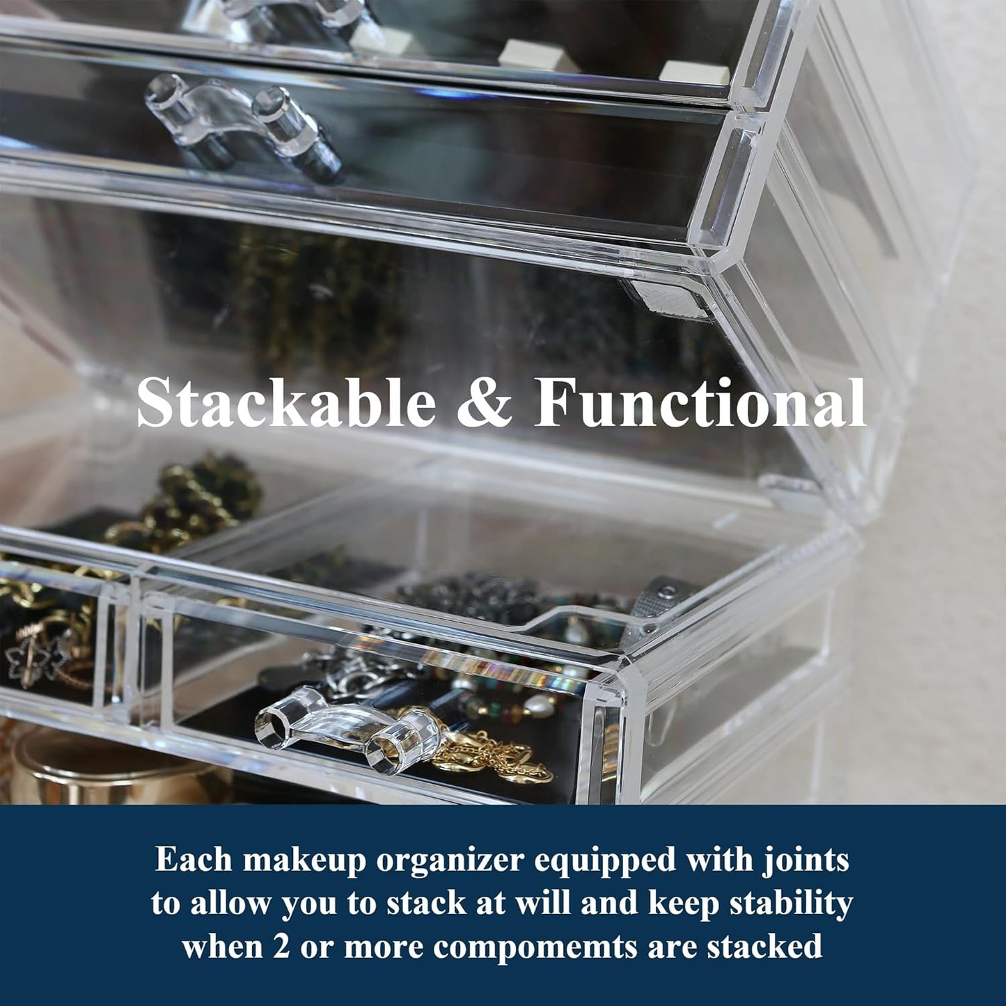 Sea Team Clear Makeup Organizer with Drawers, Acrylic Plastic Cosmetic Display Case, Jewelry Storage Box, Holder for Dresser, Bathroom, Vanity, Countertop (3 Middle Drawers)