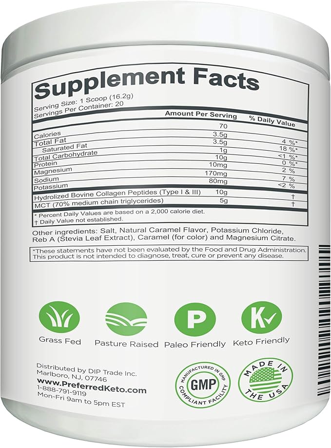Keto Collagen Protein Powder with MCT Oil – Keto and Paleo Friendly Pure Grass Fed Pasture Raised Hydrolyzed Collagen Peptides KEYTO Salted Caramel Flavor