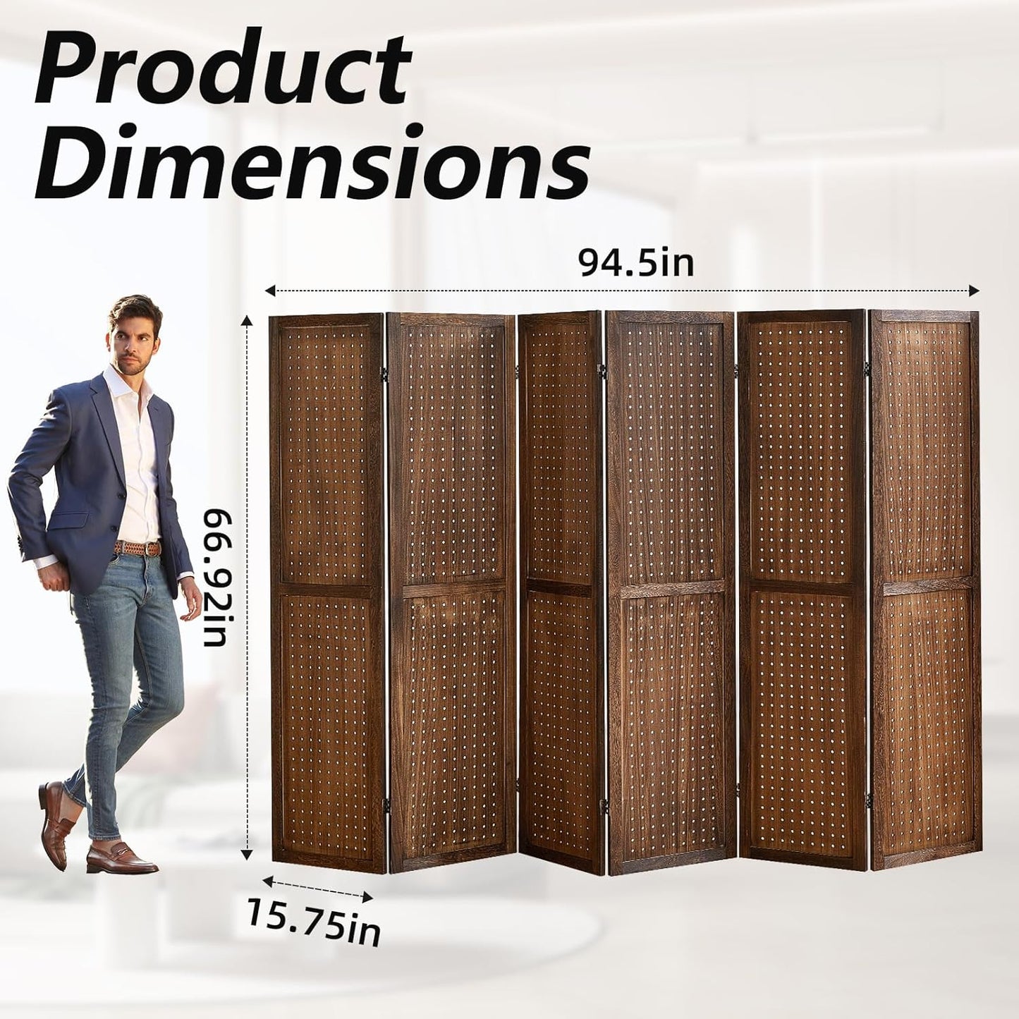 6 Panel Room Dividers and Folding Privacy Screens, Room Partitions and Dividers, Pegboard Display Board with 24 Hooks, Room Divider Panel for Bedroom, Jewelry Display Stand, Dark Brown