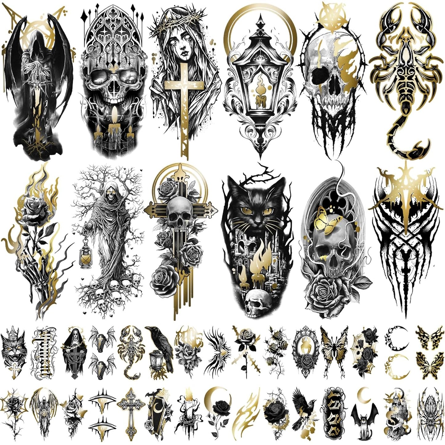 42 Sheets Gothic Temporary Tattoo, 12 Sheets Metallic Skull Cat Snake Spider Crow Half Arm Scary Fake Tattoos for Adults Men Women, 30 Sheets Small Tattoos Stickers for Party Supplies