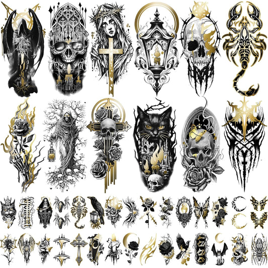42 Sheets Gothic Temporary Tattoo, 12 Sheets Metallic Skull Cat Snake Spider Crow Half Arm Scary Fake Tattoos for Adults Men Women, 30 Sheets Small Tattoos Stickers for Party Supplies