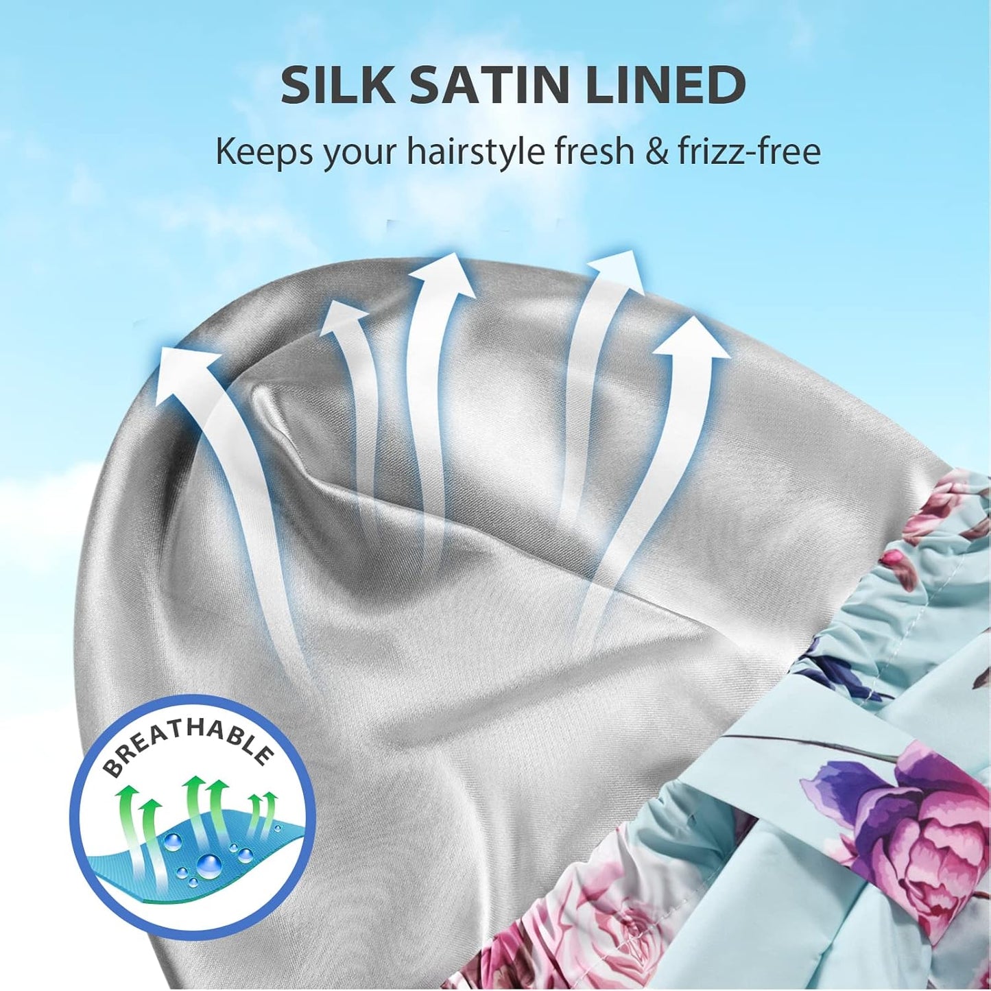 INNELO Luxury Shower Cap for Women Reusable Waterproof, Double Layered Shower Hair Cap with Adjustable Elastic Strap, Large Satin Lined Shower Bath Cap for Long Curly Straight Hair, Green-Flower