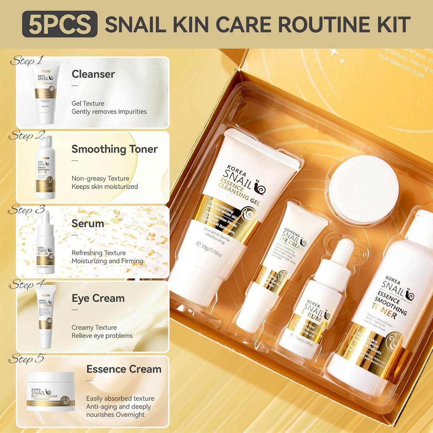 Skin Care Set, Face Snail Revitalizing Skin Care Sets & Kits, Facial Beauty Skincare Gifts for Teenage Girls with Cleanser,Toner,Serum,Eye Cream,Face Cream, Firming Hydrating Skin Care Christmas Gifts