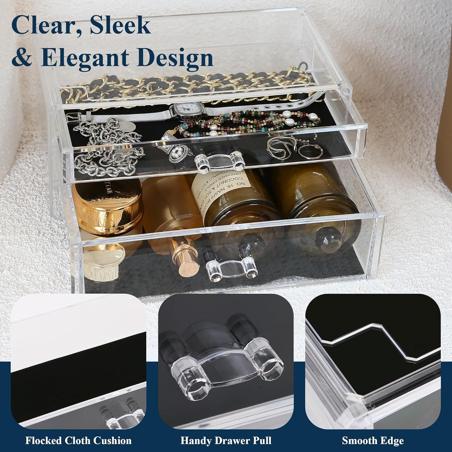 Sea Team Clear Makeup Organizer with Drawers, Acrylic Plastic Cosmetic Display Case, Jewelry Storage Box, Holder for Dresser, Bathroom, Vanity, Countertop (1 Large, 1 Middle Drawers)