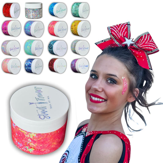 Stunt Trainer Cheer Glitter Face Body Makeup Peel Off Gel Chunky Holographic 15 Colors 1.6oz Vegan Cruelty Free Nontoxic Cheerleader Cheerleading Makeup