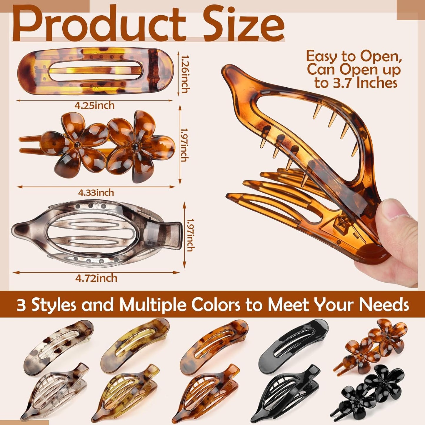 10 Pcs Flat Hair Clips for Women, 3 Styles Tortoise Flat Claw Clips, Strong Hold No Slip French Flat Hair Clips for Thin Thick Curly Hair, Tortoiseshell