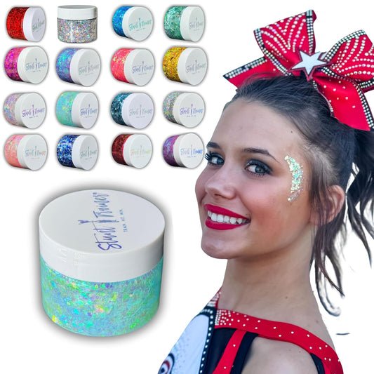 Stunt Trainer Cheer Glitter Face Body Makeup Peel Off Gel Chunky Holographic 15 Colors 1.6oz Vegan Cruelty Free Nontoxic Cheerleader Cheerleading Makeup