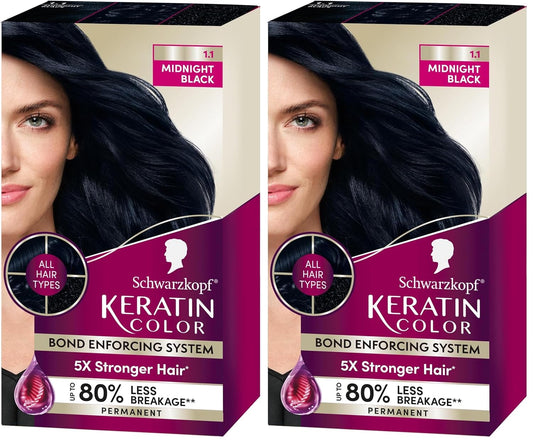 Schwarzkopf Keratin Color Permanent Hair Color, 1.1 Midnight Black, 1 Application-Professionally Inspired Permanent Hair Dye, for up to 80% Less Breakage vs Untreated Hair and up to 100% Gray Coverage