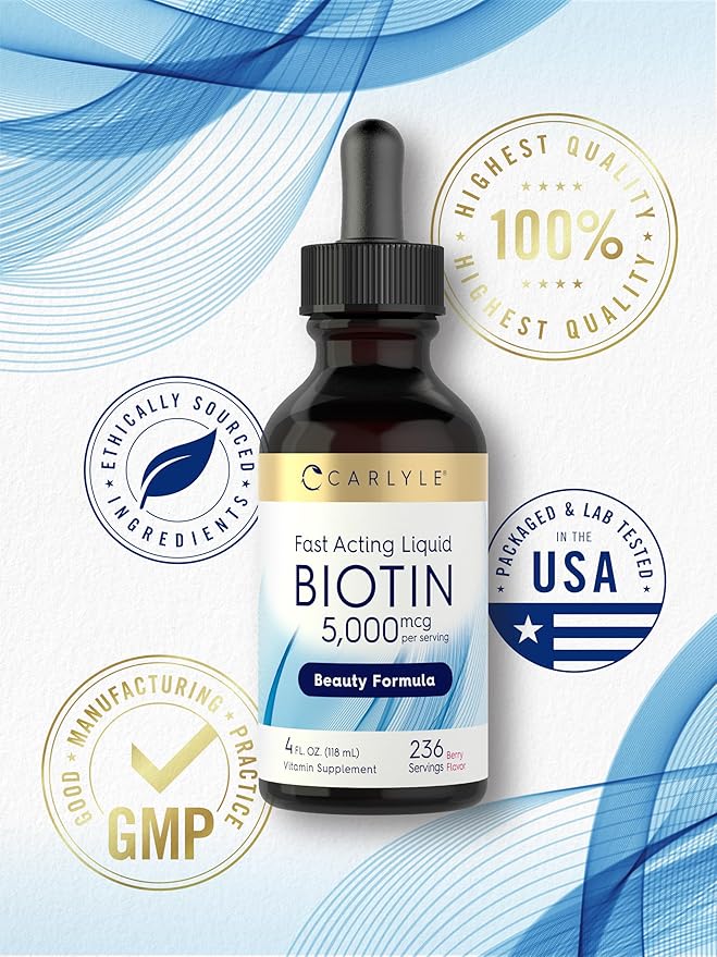 Carlyle Biotin 5000mcg Liquid Drops | 4 fl oz | for Women and Men | Berry Flavor | Beauty Formula | Vegetarian, Non-GMO & Gluten Free Supplement