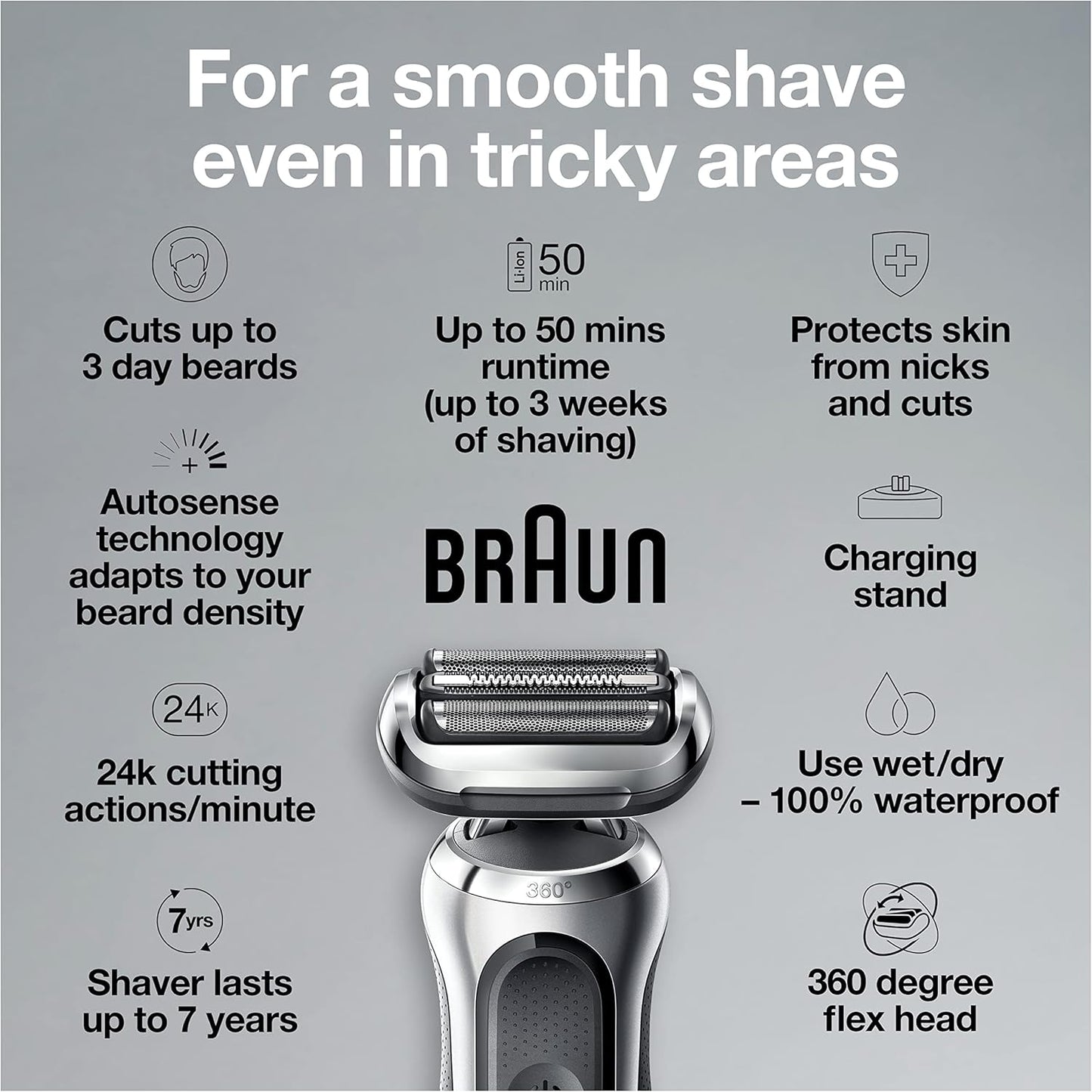 Braun Series 7 7032cs Flex Electric Razor for Men, Wet & Dry, Electric Razor, Rechargeable, Cordless Foil Shaver with Beard Trimmer and Charging Stand, Silver