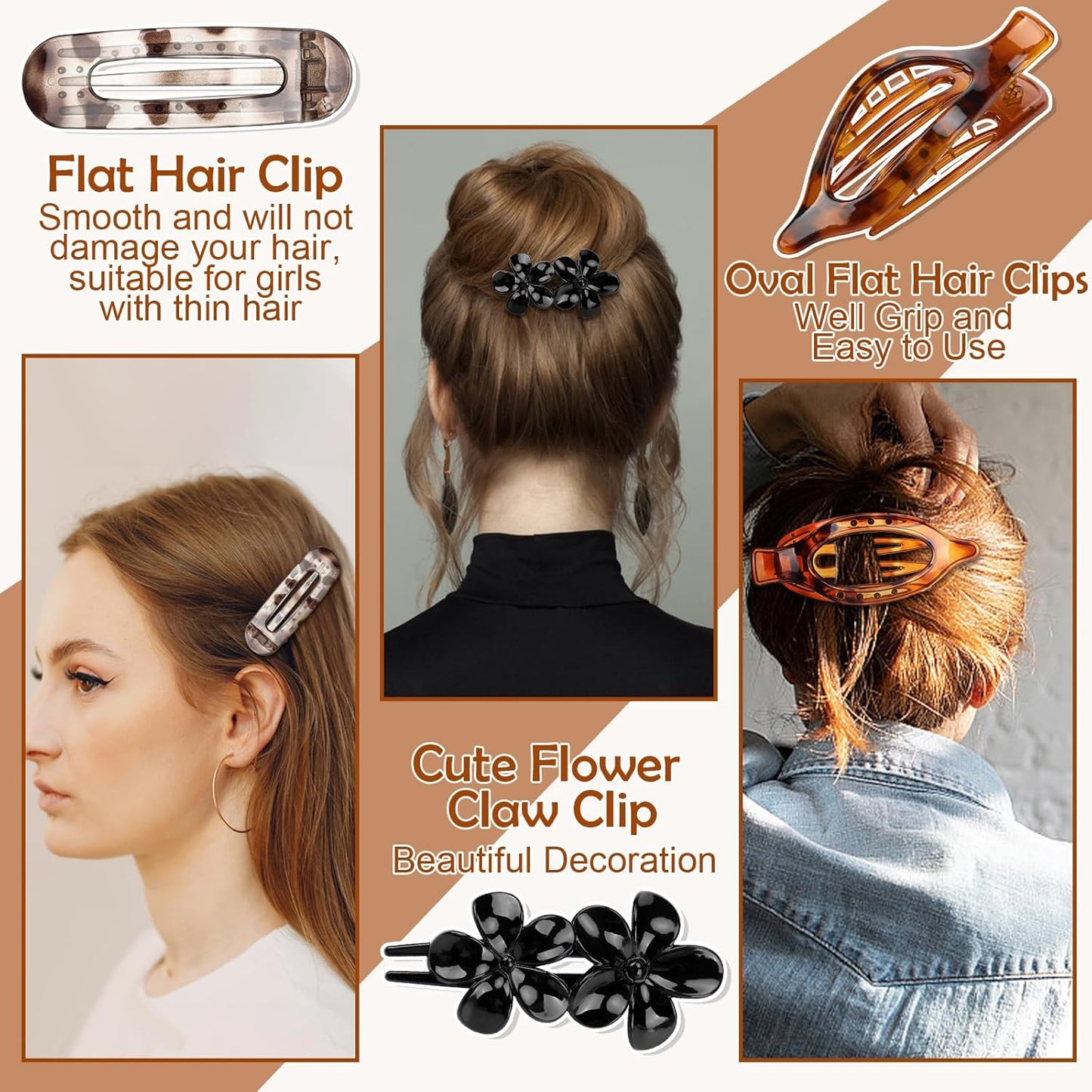 10 Pcs Flat Hair Clips for Women, 3 Styles Tortoise Flat Claw Clips, Strong Hold No Slip French Flat Hair Clips for Thin Thick Curly Hair, Tortoiseshell