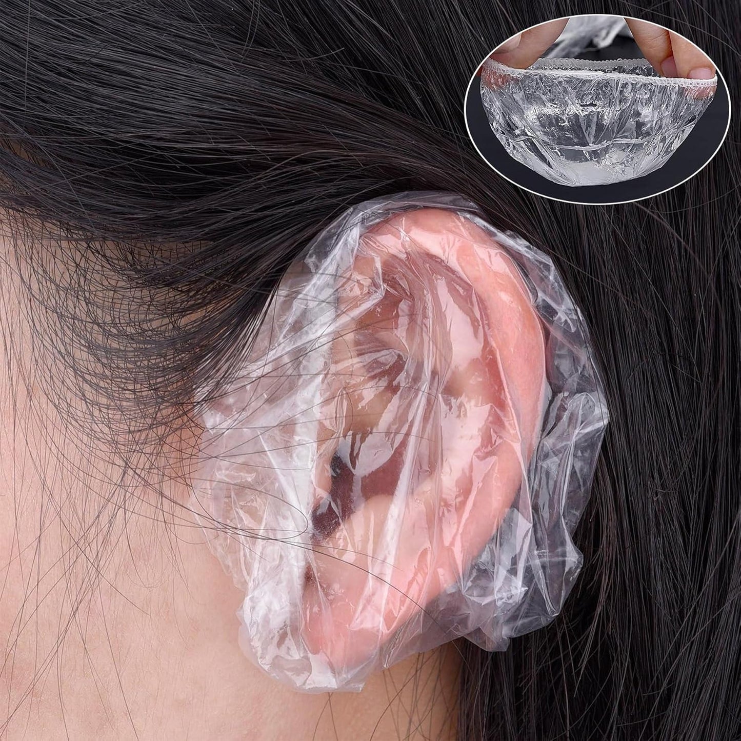 DJCIW 100 Pack Clear Disposable Ear Covers for Shower, Hair Dye, and Bathing, Waterproof Plastic Ear Protectors for Adults