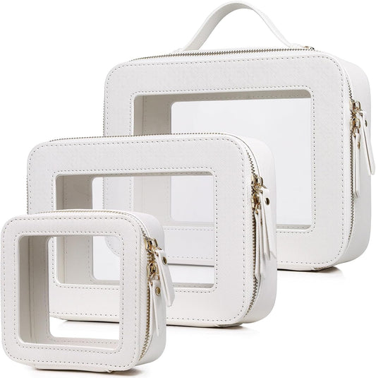 Pinkmik Clear Makeup Bag Waterproof Travel Case for Cosmetics and Toiletries Women's Purse Organizer and Clear Car Bag with Zipper (White, L+M+MINI)