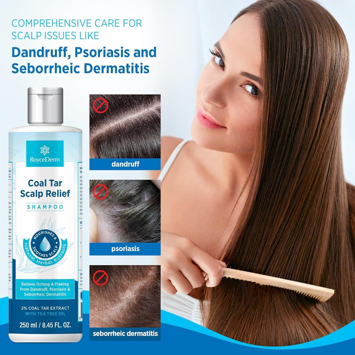 Roycederm Coal Tar Dandruff Shampoo: Extra Strength 2% Coal Tar Extract Medicated Gel for Rapid Scalp Hair Relief targets dandruff, psoriasis, and seborrheic dermatitis - Hydrating & Natural - 2 Pack