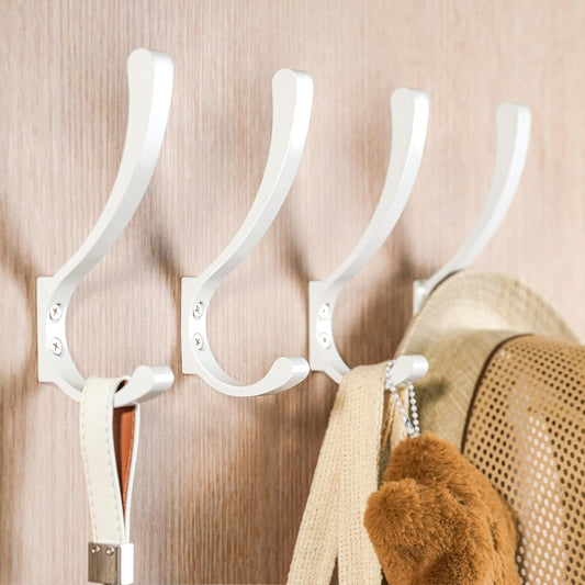 4 Pack White Large Wall Hooks Hanging Heavy Duty, Coat Hanger Hook Wall Mounted, Screw in Metal Door Hooks for Hanging Coats, Backpack, Purse, Towel