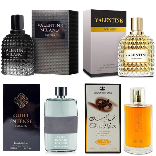 Men's Cologne Gift Set Include Valentine Milano,Valentine,Choco Musk & Guilt Intense - 3.4 Fl Oz Each | Vanilla Bourbon, Leather & Amber Floral Fragrance | Luxury Eau de Toilette Quartet
