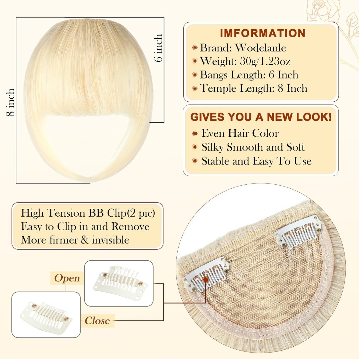 Natural Clip on Bangs and Hair Extensions, Faux Blonde French Bangs with Temples for Daily Wear