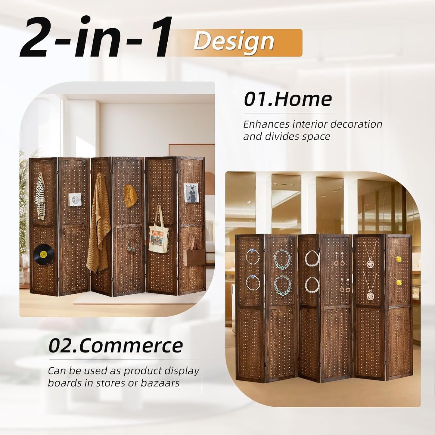 6 Panel Room Dividers and Folding Privacy Screens, Room Partitions and Dividers, Pegboard Display Board with 24 Hooks, Room Divider Panel for Bedroom, Jewelry Display Stand, Dark Brown