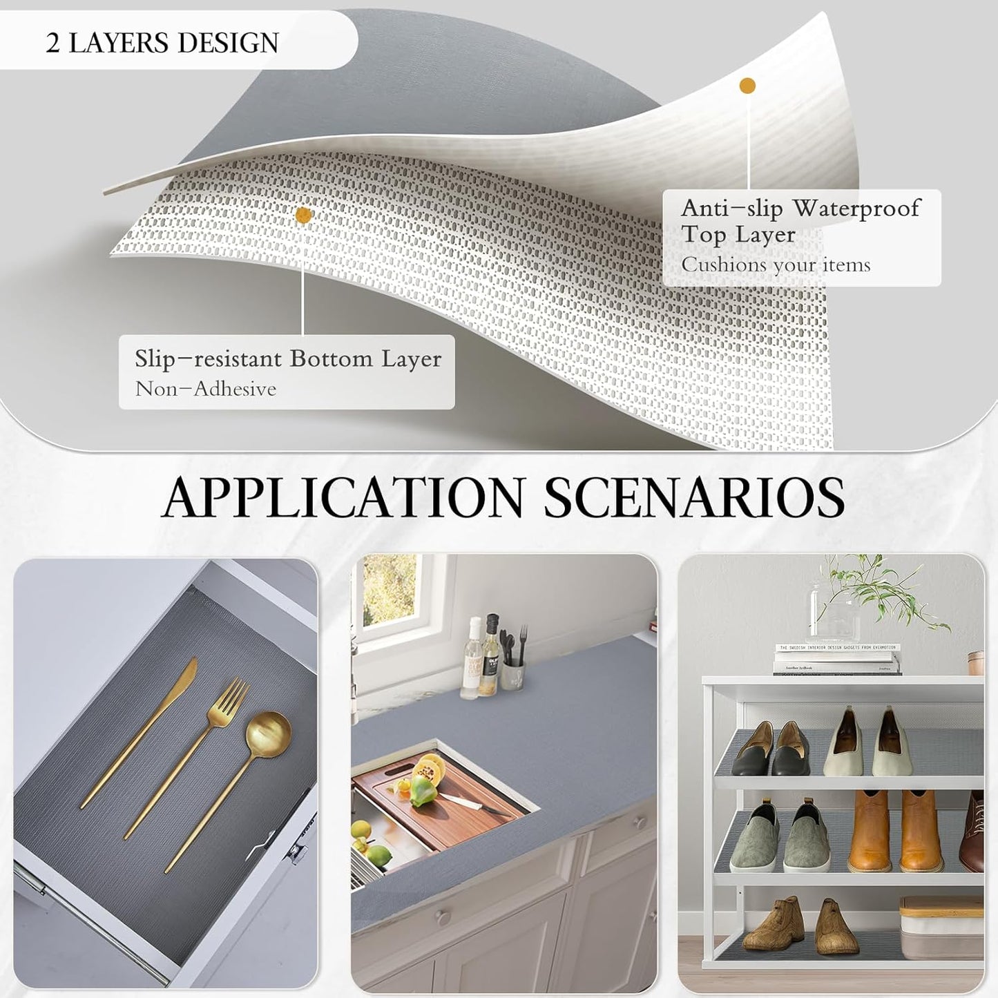 Beautysaid Shelf and Drawer Liner for Kitchen Cabinet, Non Adhesive Non Slip Shelf Paper Waterproof Washable Thickened for Dresser Pantry Shelve Bathroom Protector Liner(Gray,23.6 in x 10 FT)