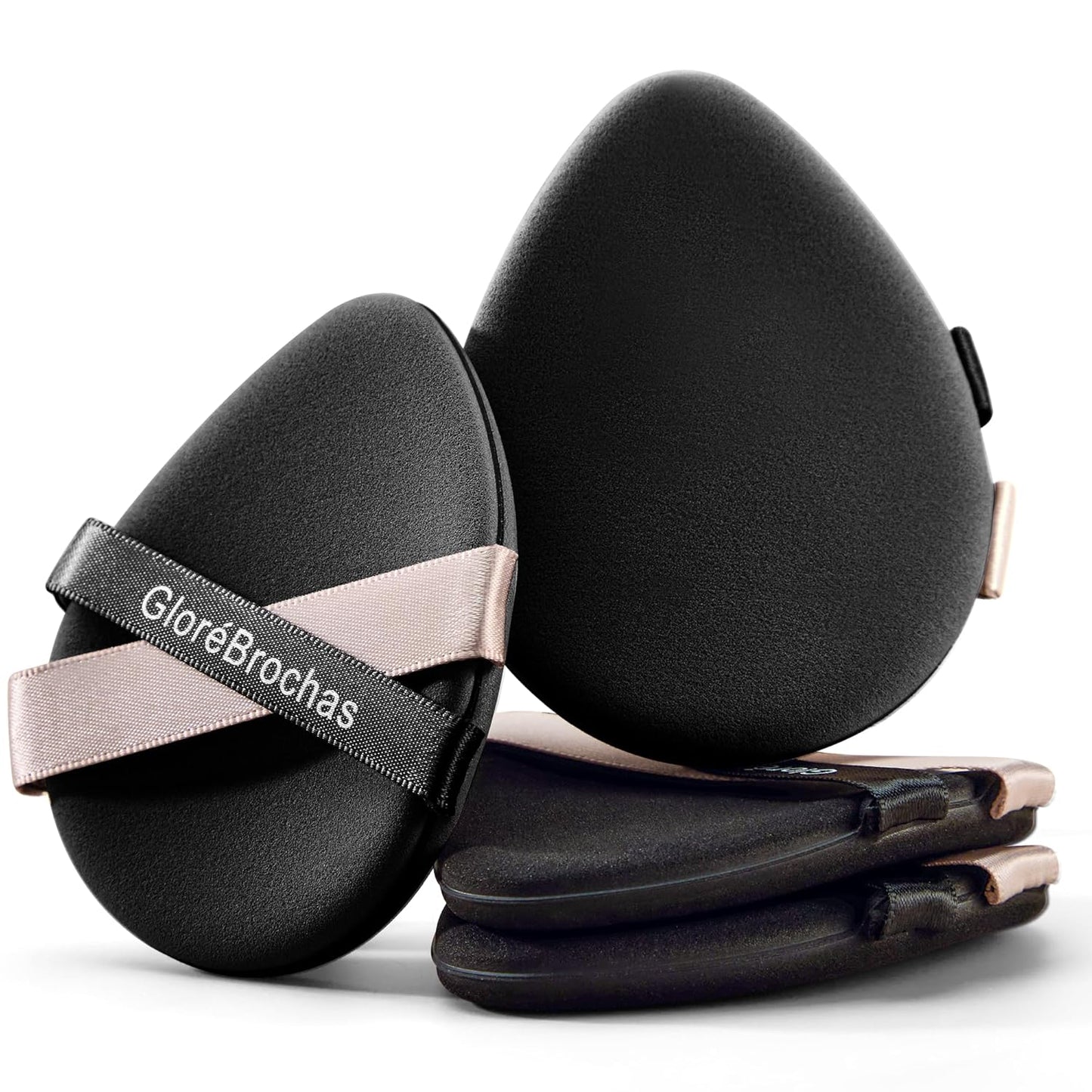Makeup Sponge Set, GloréBrochas 4PCS Micro Porous Low Absorption Foundation Sponges, Latex-Free PU Cushion Puff, 3.2inches Soft Dual-Sided Black Powder Puff for Face Powder, Individually Wrapped