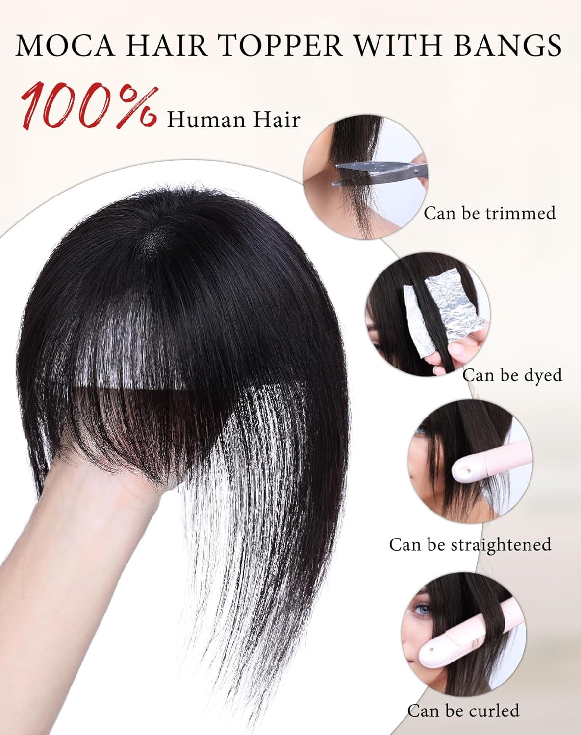 Hair Toppers for Women Real Human Hair, Bangs Hair Clip 360°3D Cover Clip on Bangs for Women Fake Bangs for Daily Wear (10 Inch Natural Black)