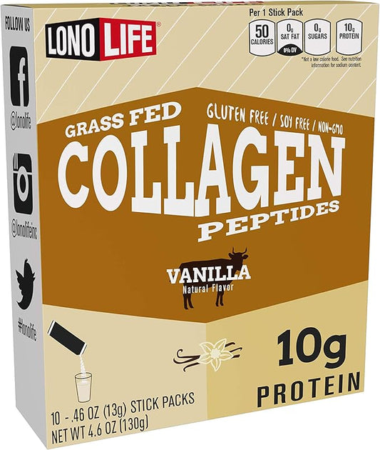 LonoLife - Vanilla Flavored Collagen Peptides with 10g Protein, Paleo and Keto Friendly, Portable Individual Packets, 10 Servings, 10 Count - Packaging May Vary