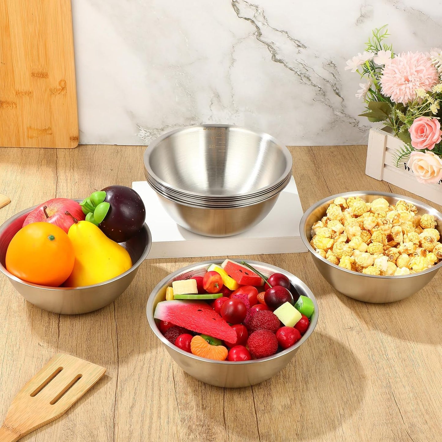 Honeydak 6 Pcs 304 Stainless Steel Mixing Bowls with Graduations, Salad Bowls Metal Serving Reusable Baking Food Storage Containers for Baking Cooking Salads Soups Ice Cream Noodles (54 oz)